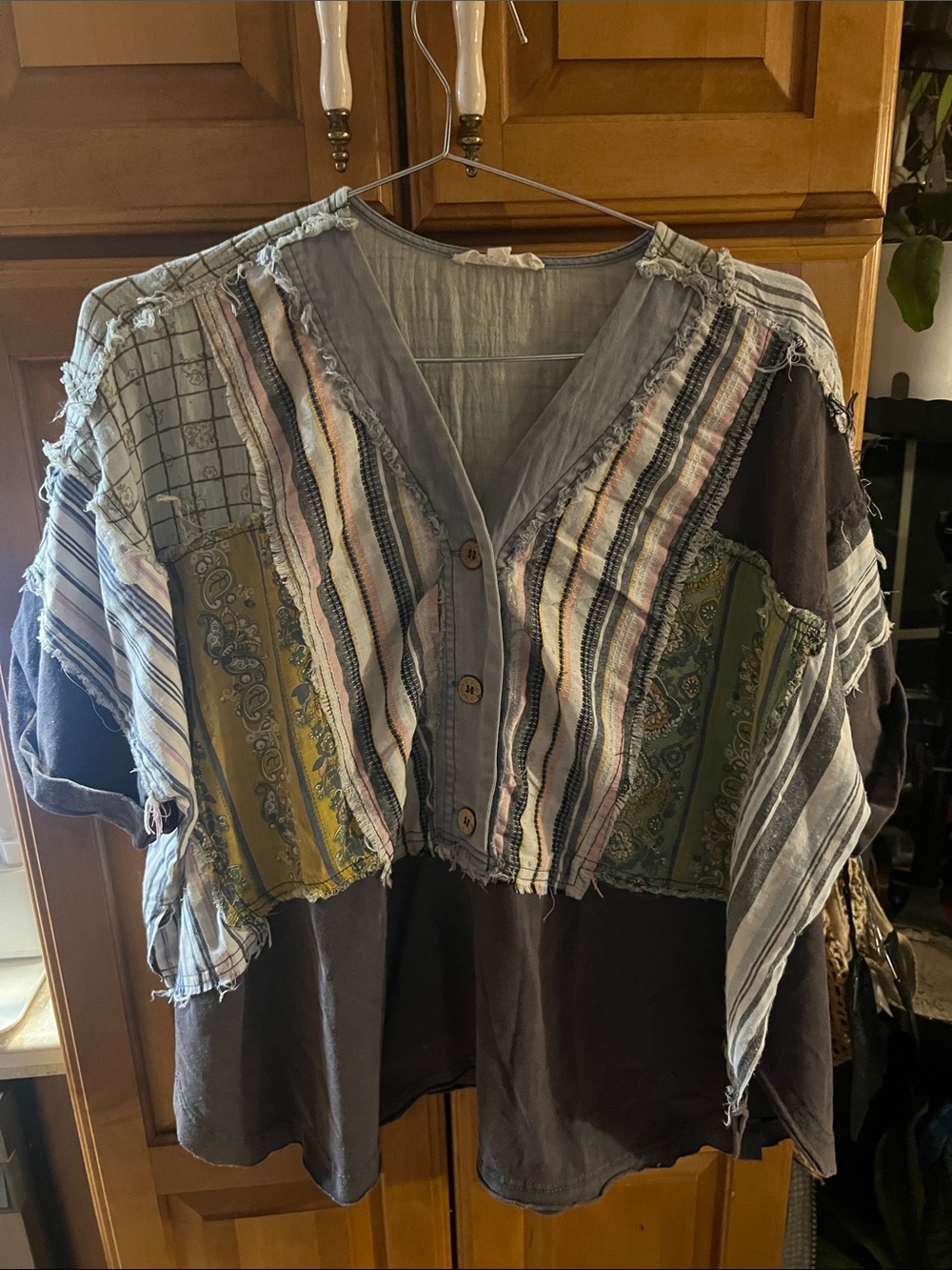 Blue Velvet Bohemian Patchwork Button-Front Women's Top in Gray and Multi